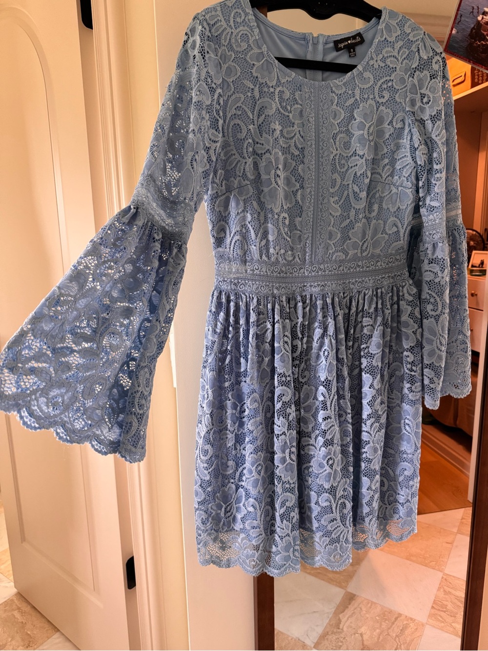 Sequin Hearts Light Blue Lace Bell-Sleeve Dress